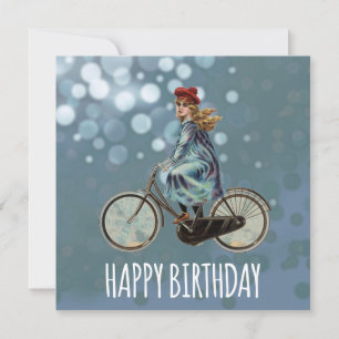 Carte Vintage fille à vélo - Anniversaire