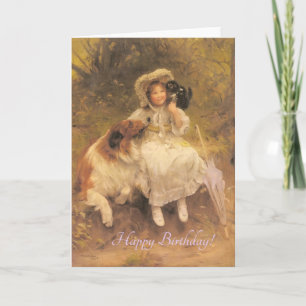 Carte Vintage Fille Avec Animaux, Anniversaire