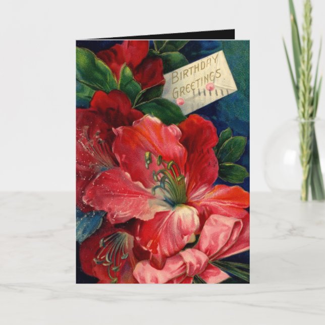 Carte vintage Fleurs rouges Salutations d'annivers (Devant)