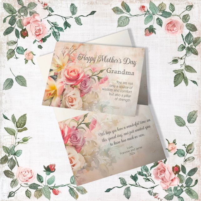 Carte vintage Floral Grand-mère ("Happy Mother's Day" to Grandma with this lovely bouquet of roses vintage watercolor folded card)