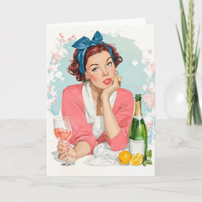 Carte Vintage Girl with Pink Champagne (Devant)