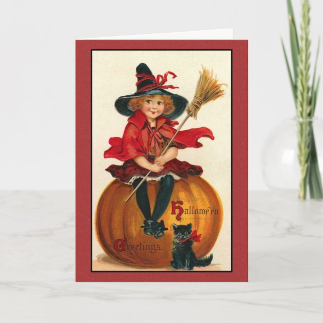 Carte vintage Halloween Chat et Fille (Devant)