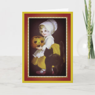 Carte vintage Halloween de petite fille et chat no