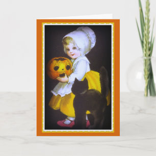 Carte vintage Halloween de petite fille et chat no