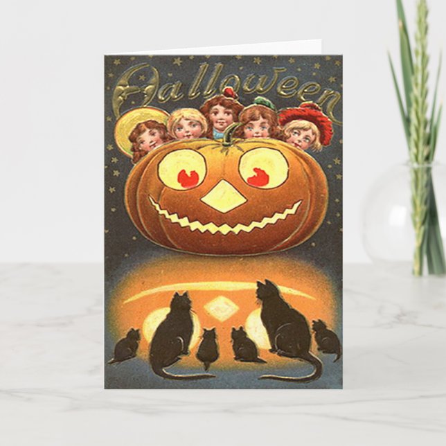 Carte Vintage Halloween Enfants et Chats (Devant)