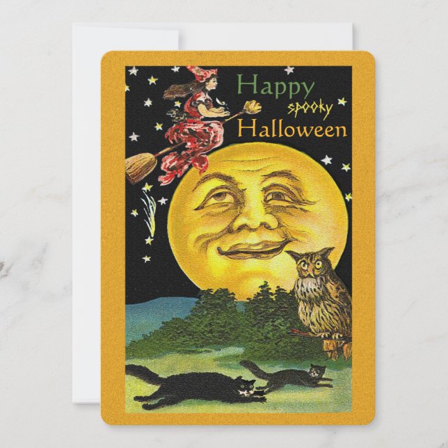 Carte Vintage Halloween Lune, sorcière, hibou et chats (Devant)