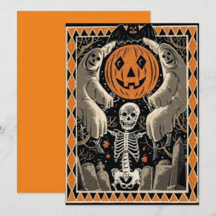 Carte Vintage Halloween Squelette Fantômes Et Citrouille