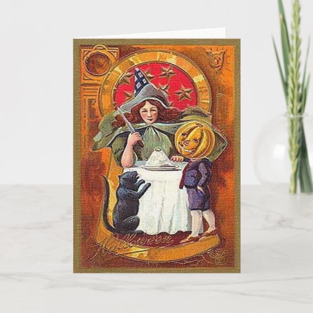 Carte Vintage Halloween Witch et Citrouille Head Boy (Devant)