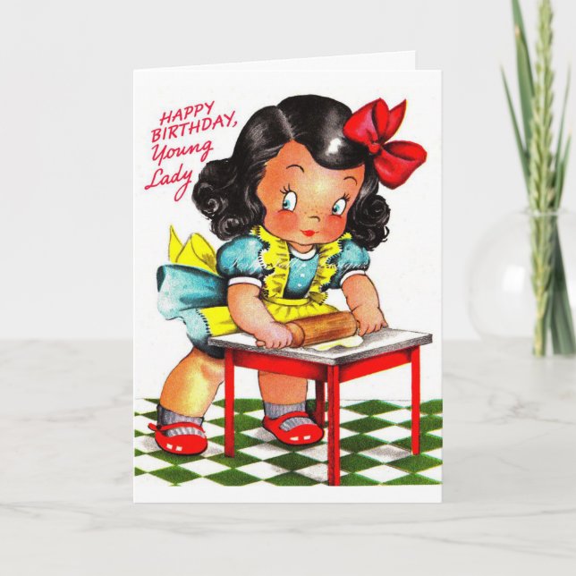 Carte Vintage - Joyeux Anniversaire, Jeune Dame, (Devant)