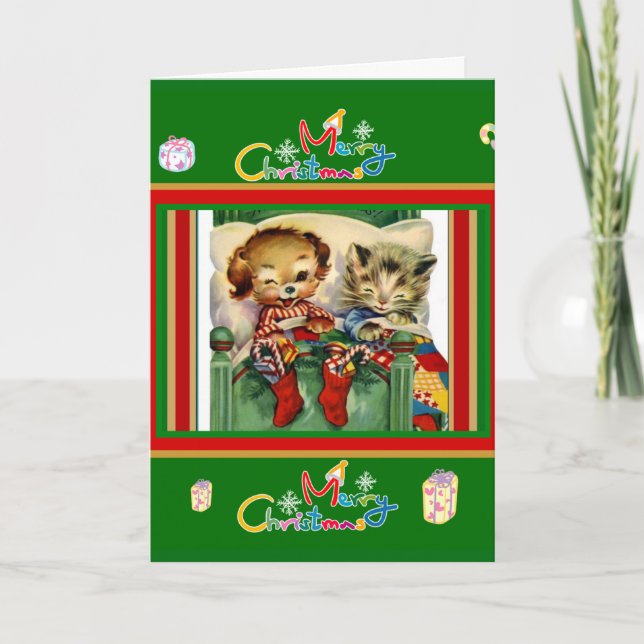 Carte Vintage Joyeux Noël Kittens Chien (Devant)