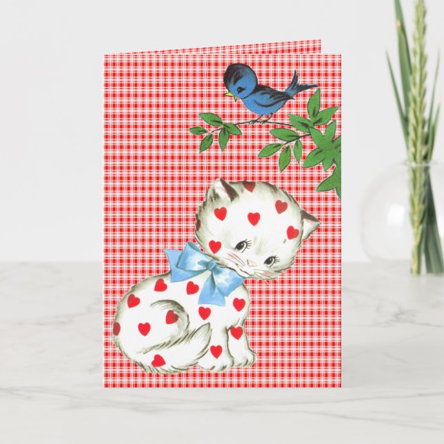Carte Vintage Kitty avec un oiseau (Devant)