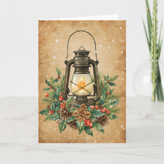 Carte Vintage lantern holly pine rustic festive warm 