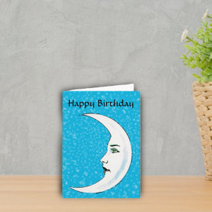 Carte Vintage Lune blanche visage Etoiles blanches Anniv
