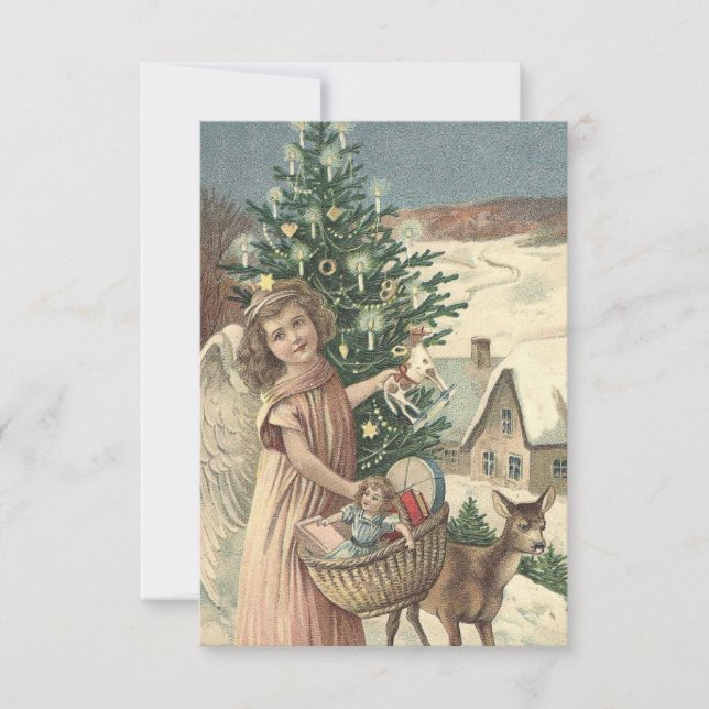 Carte Vintage Noël ange renne plat (Devant)