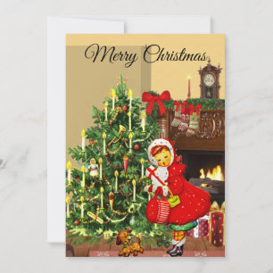 Carte Vintage Noël Arbre et Fille Appartement