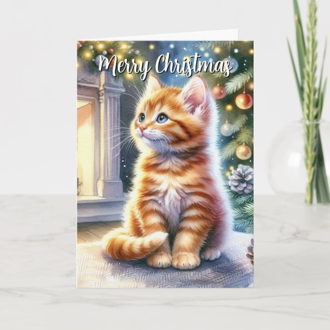Carte Vintage Noël Jaune Kitten (Devant)