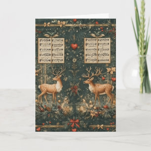 Carte Vintage Noël Motif Cerf Sheet Musique Bows