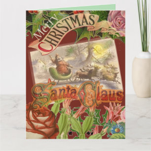 Carte Vintage Noël Père Noël Sleigh