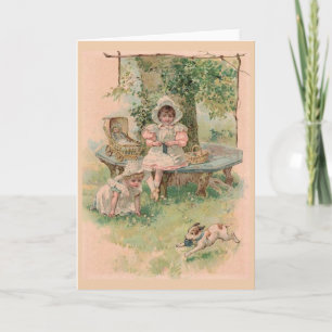 Carte Vintage - Petites filles jouant avec un chiot,