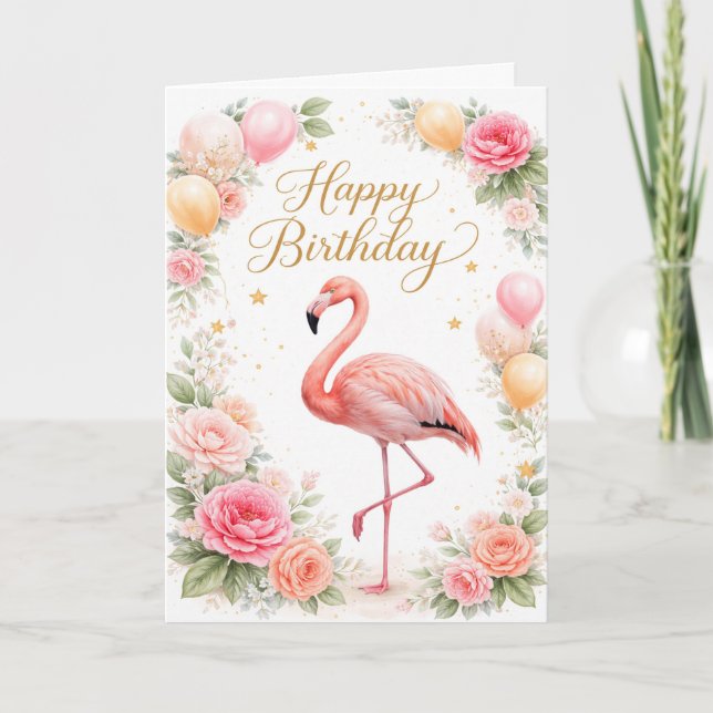 Carte Vintage Pink Flamingo Birthday (Devant)