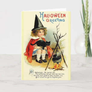 Carte vintage pour Halloween Little Witch et Chat 