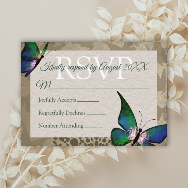 Carte vintage Quinceañera RSVP Papillon vert (vintage beige and green quinceanera rsvp card, green quince response reply card)
