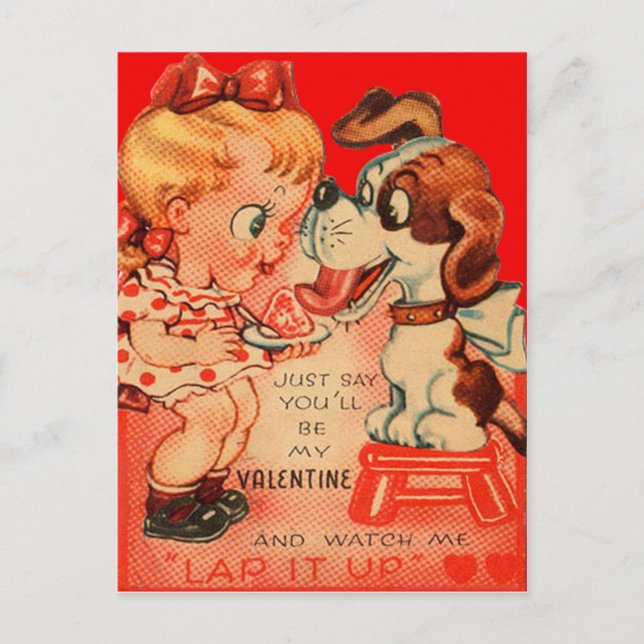 Carte vintage Retro Girl & Puppy Valentine (Devant)