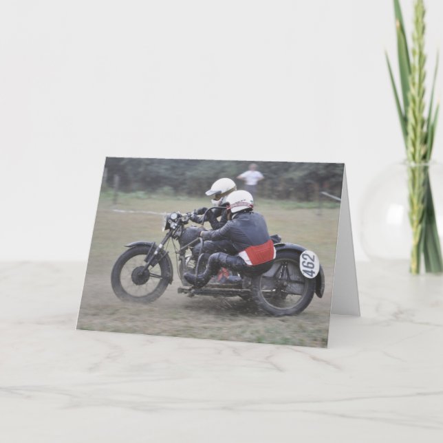 Carte vintage sidecar scrambler tenue anniversaire (Devant)