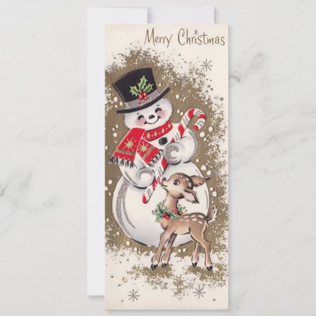 Carte Vintage Snowman With Baby Deer (Devant)