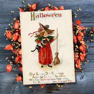 Carte Vintage sorcière d'Halloween avec chat noir