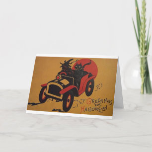 Carte vintage Sorcière Et Chat Noir En Voiture Hal