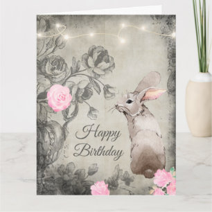 Carte Vintage Style Roses et lapin GROS Anniversaire