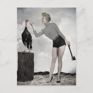 Carte vintage Thanksgiving Turkey Girl
