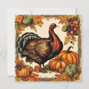 Carte Vintage Thanksgiving Turquie, fruits et Citrouille