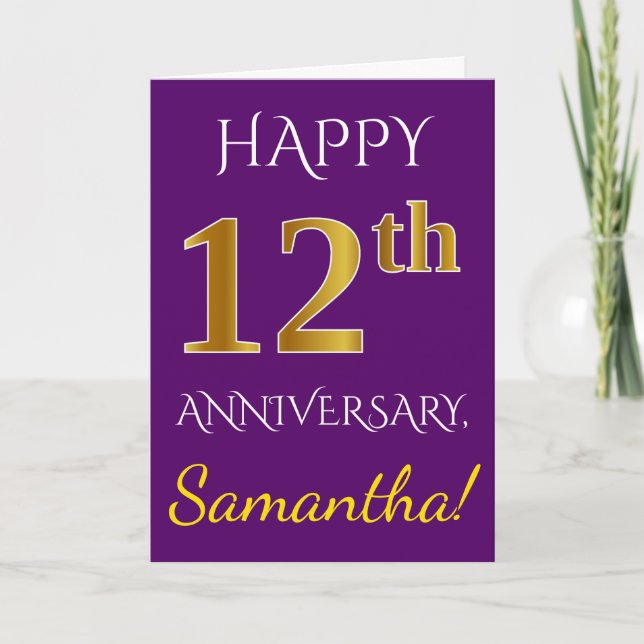 Carte Violet, Or Faux 12e Anniversaire de Mariage + Nom (Devant)