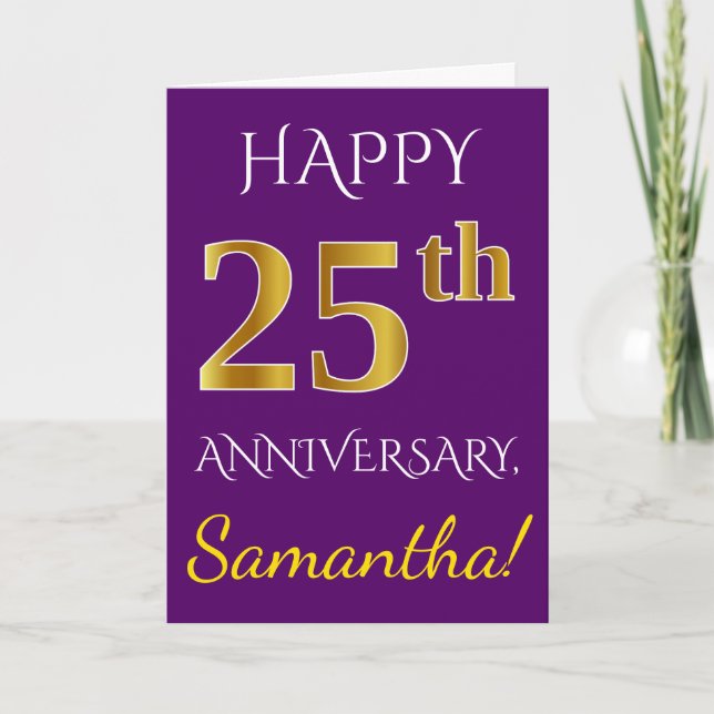 Carte Violet, Or Faux 25e Anniversaire de Mariage + Nom (Devant)