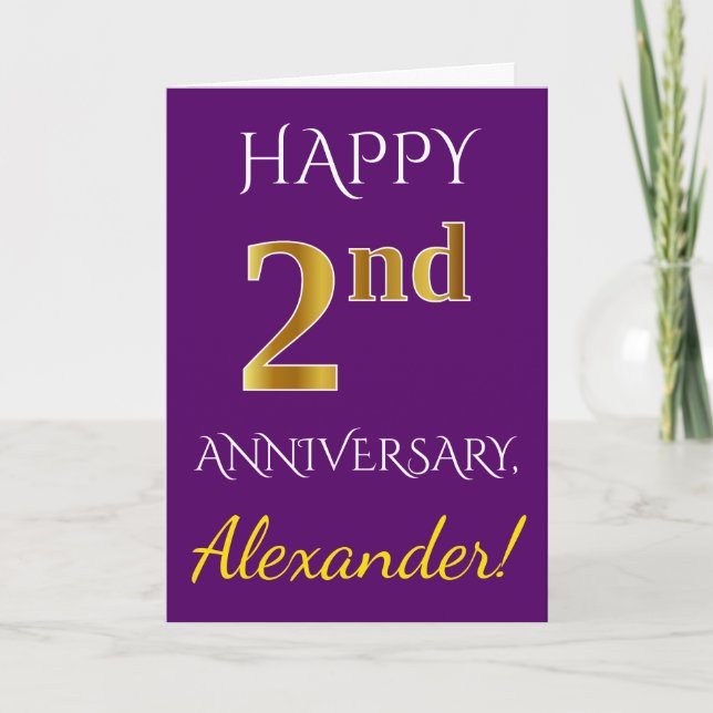 Carte Violet, Or Faux 2e Anniversaire de Mariage + Nom (Devant)