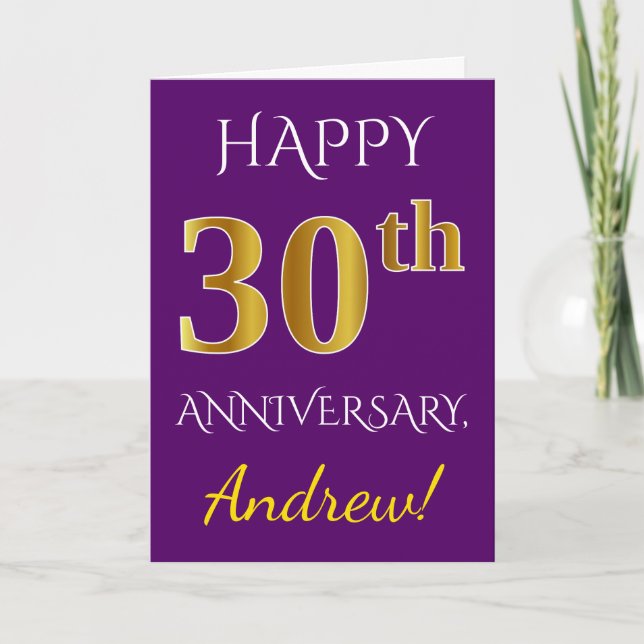 Carte Violet, Or Faux 30e Anniversaire de Mariage + Nom (Devant)