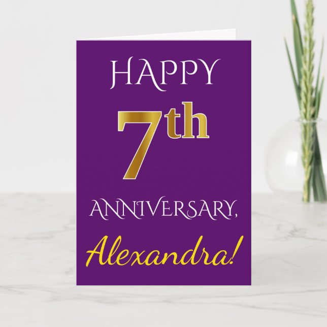 Carte Violet, Or Faux 7e Anniversaire de Mariage + Nom (Devant)