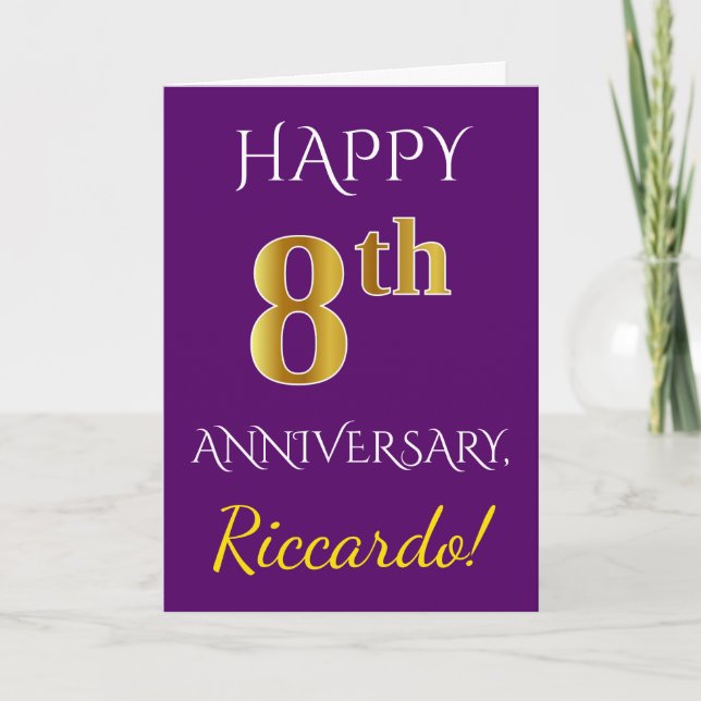Carte Violet, Or Faux 8e Anniversaire de Mariage + Nom (Devant)