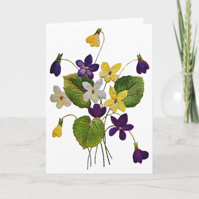 Carte Violettes blanches, jaunes et violettes brodées (Devant)