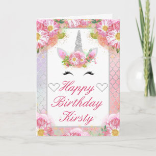 Carte Visage de Licorne Rose Argent Anniversaire