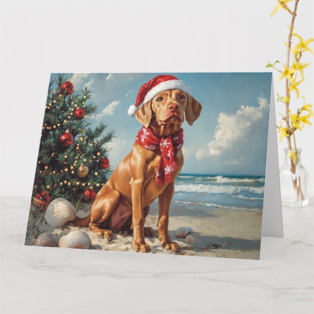 Carte Vizsla Chien Noël Plage Vintage (Fleur jaune)