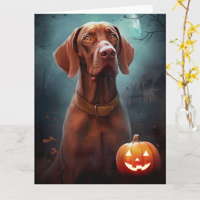 Carte Vizsla d'Halloween avec la peur Citrouille (Fleur jaune)