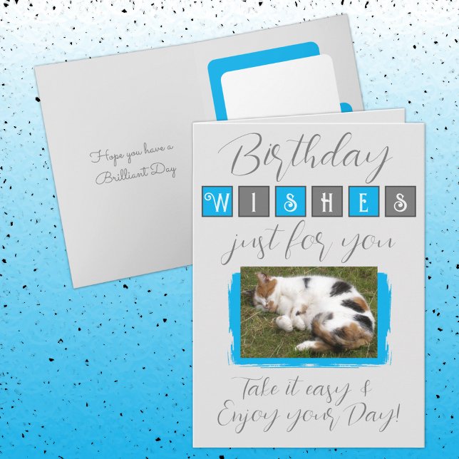 Carte voeux d'anniversaire ajouter chat photo gris bleu (Créateur téléchargé)