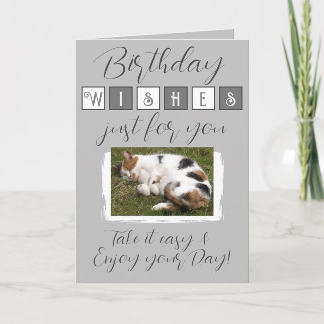 Carte voeux d'anniversaire ajouter photo de chat gris bl (Devant)