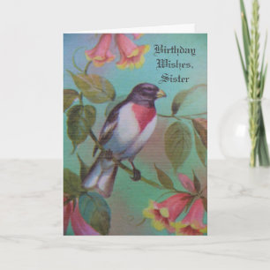 Carte Voeux d'anniversaire, Soeur, joli oiseau à la poit