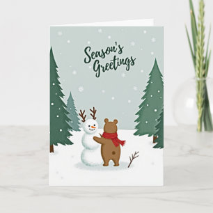 Carte Vœux d'hiver Ours Bonhomme de neige