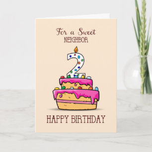 Carte Voisin 2e anniversaire, 2 sur le gâteau rose doux