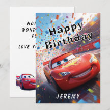Voiture de course de dessin animé Joyeux Anniversa